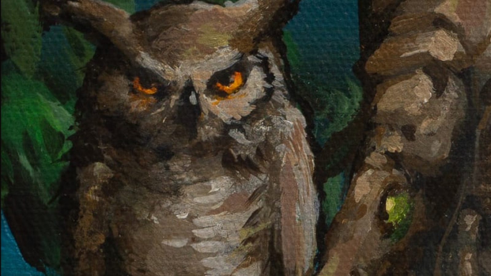 Museum zoom deep inside the Tahoe painting, an owl at brushstroke distance